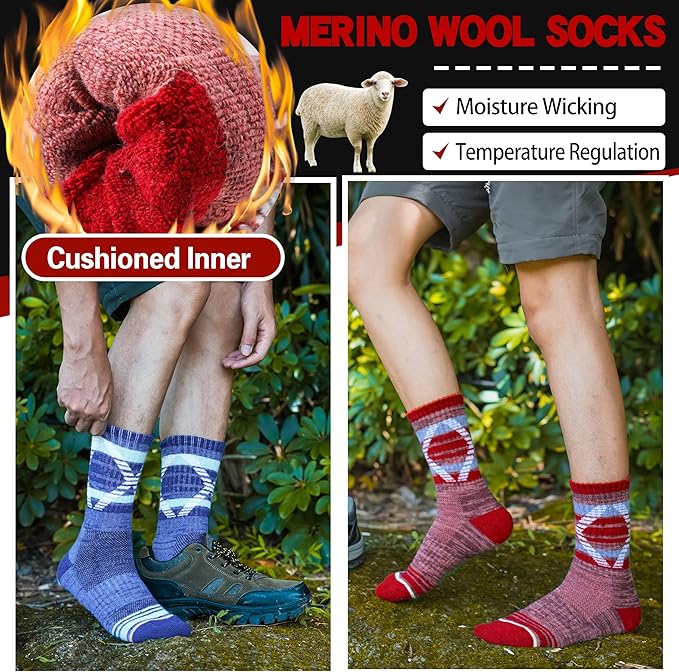 5 Pairs Merino Wool Hiking Socks Thermal Winter Warm Moisture Wicking Cushion Outdoor Socks for Women & Men