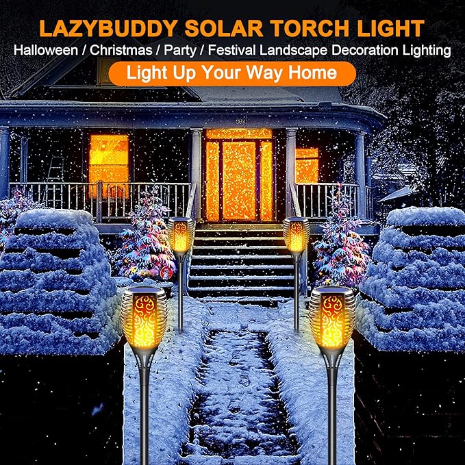 Large Solar Torch Light with Flickering Flame, Upgraded 3-in-1 Solar Fire Lights Outdoor Hanging Lanterns, Halloween Decorations Solar Powered Tiki Torches for Garden, Pathway, Lawn, Yard