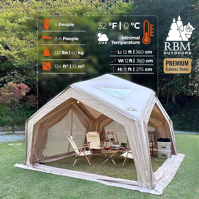 Coody | Rbm Outdoors Koala/Hub/Octopus Inflatable Tents for Camping with Stove Jack, 2/8/10 Person Luxury Canvas Blow Up Tent, 2 Room, Easy Setup Casa de Campaña, Large Inflatable House with Pump
