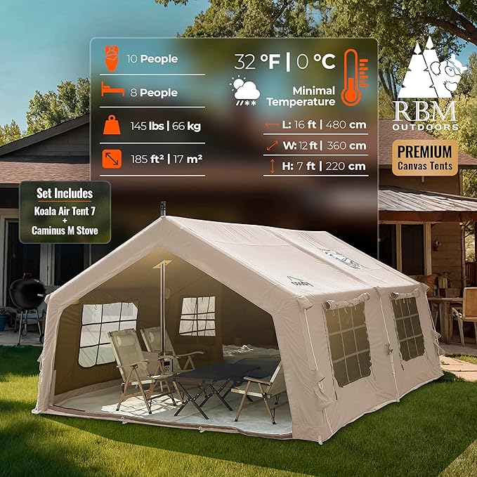 Coody | Rbm Outdoors Koala/Hub/Octopus Inflatable Tents for Camping with Stove Jack, 2/8/10 Person Luxury Canvas Blow Up Tent, 2 Room, Easy Setup Casa de Campaña, Large Inflatable House with Pump