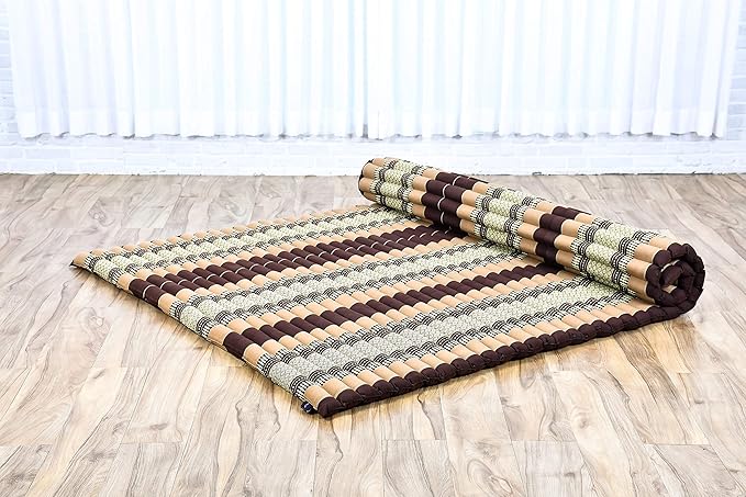 Leewadee - Foldable Floor Mattress - Japanese Roll Up Futon -Trifold Tatami Mat- Guest Floor Bed - Camping Mattress - Thai Massage Mat, Kapok Filled, 75 x 57 inches, Brown