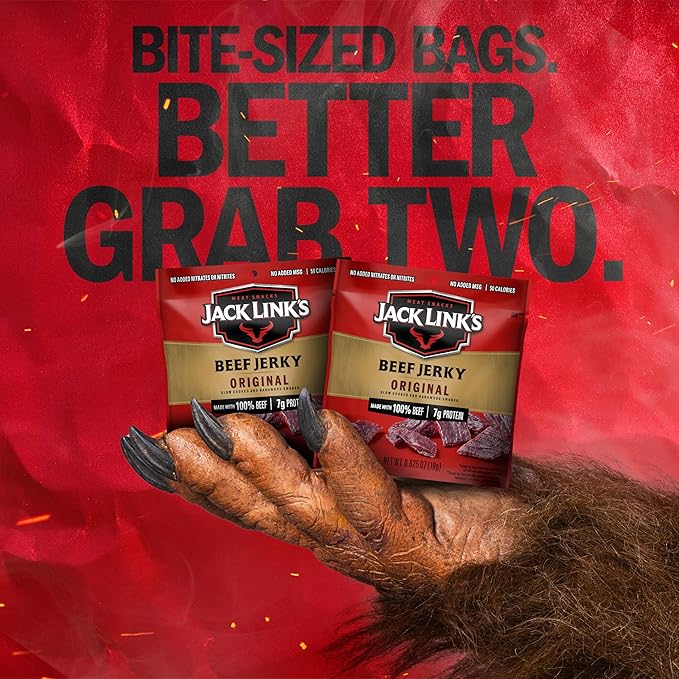 Jack Link's Beef Jerky, Original, Multipack Bags - Flavorful Meat Snacks for Lunches, Ready to Eat Protein Snacks, Individual Packs - 7g of Protein, Made with 100% Beef - 0.625 oz (Pack of 20)
