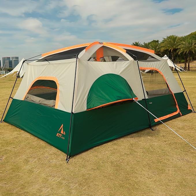 KTT Extra Large Tent 6-10-12-14 Person(A),Family Cabin Tents,2 Rooms,3 Doors and 3 Windows with Mesh,Straight Wall,Waterproof,Double Layer,Big Tent for Outdoor,Picnic,Camping,Family Gathering