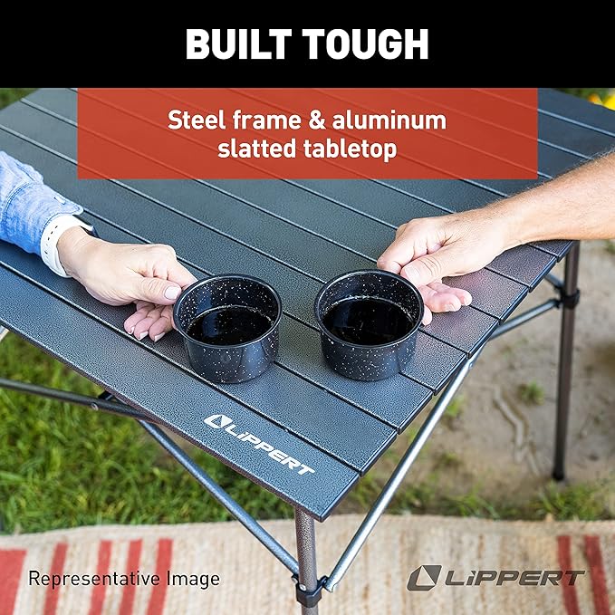 Lippert HD Hybrid Foldable Camp Table with Carry Bag White 27 1/2” x 27 1/2” x 27 1/2" (H x W x D),Hammer Grey