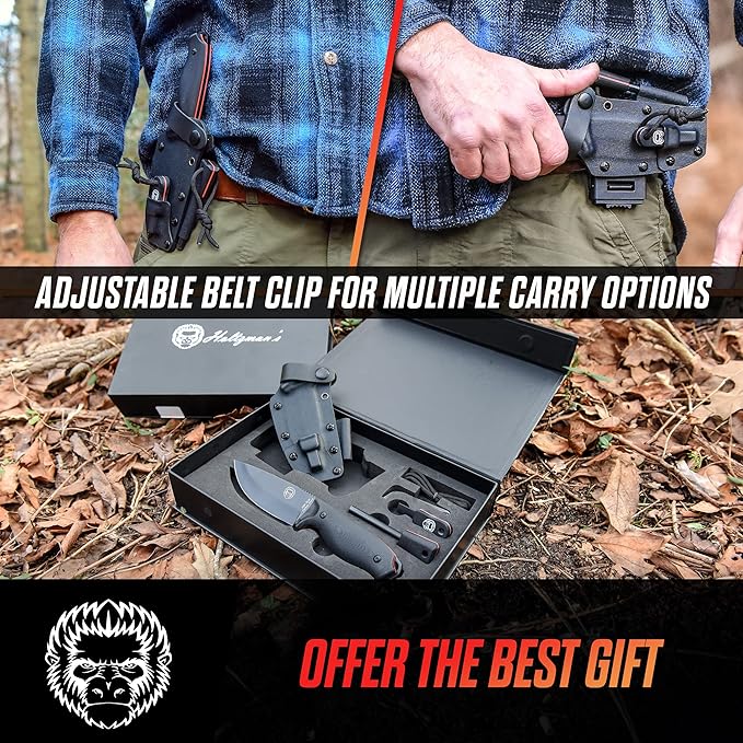 Holtzman's Gorilla Survival Bloodline Fixed Blade Knife with Sheath - Full Tang 1095 High Carbon Steel - Outdoor Bushcraft & Hunting Knife for Survival Gear
