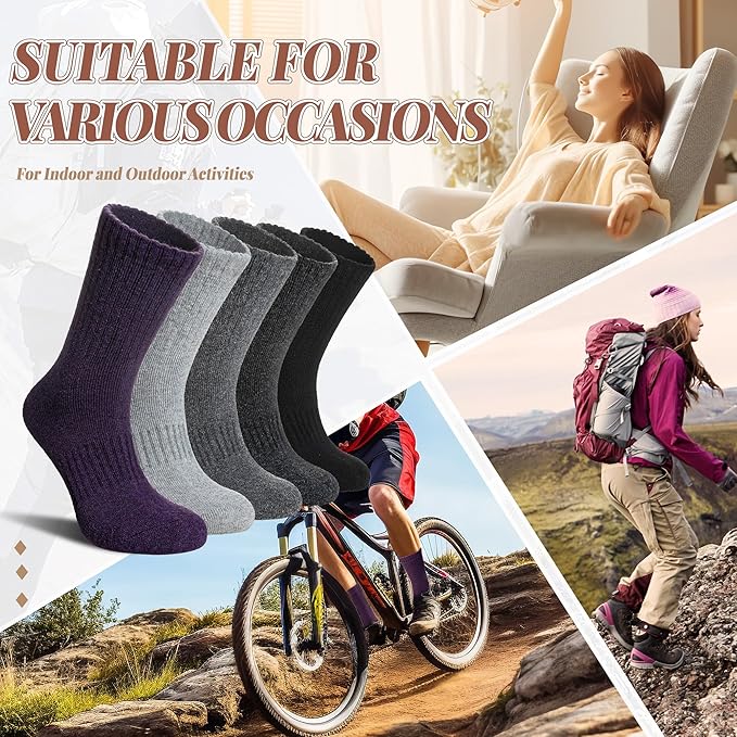 Merino Wool Socks For Women Hiking Winter Boot Thermal Warm Thick Cozy Work Crew Socks 5 Pairs