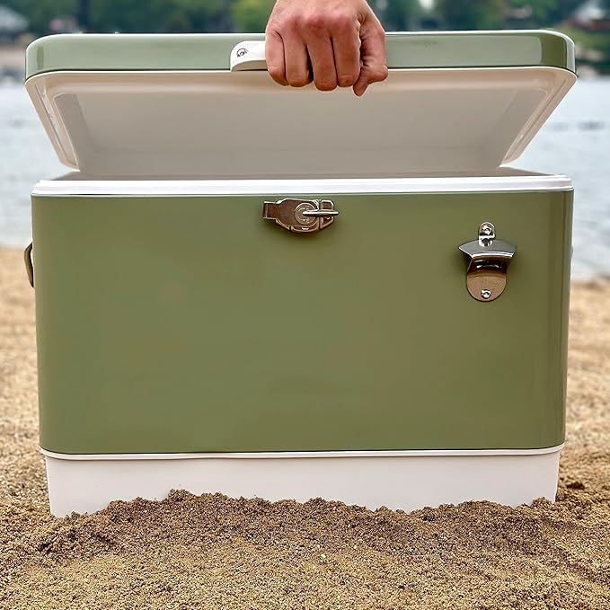 FSE Retro Metal Cooler, 80 Can/54 Qt. Capacity, Hard-Sided, Two Tone, Holds Up to 80 Beverage Cans, Metal Construction with Plastic Lining