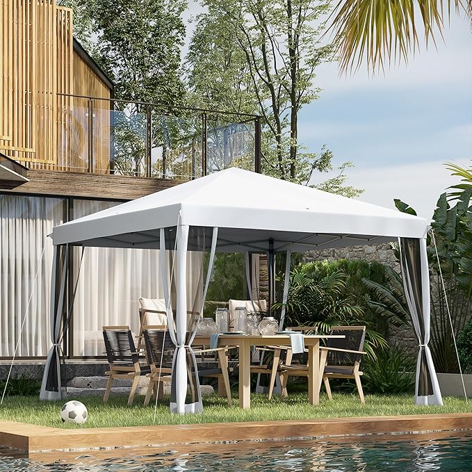 Outsunny 10' x 10' Pop Up Canopy Tent with Netting, Instant Gazebo, Screen House Room with Carry Bag, Height Adjustable, for Outdoor, Garden, Patio, Camping, Cream White
