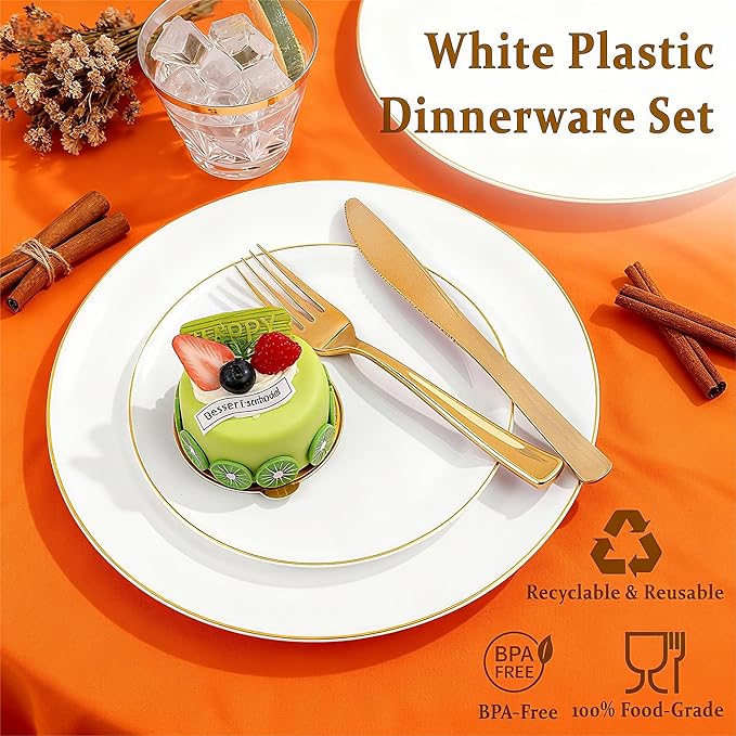 Festiva 176Pcs White and Gold Plastic Plates - White with Gold Rim Dinnerware Set - 25Guest include Plates Cups Cutlery Napkins for Fall Party&Wedding& New Year&Thanksgiving