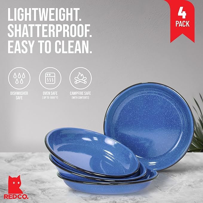 Red Co. Set of 4 Enamelware Metal 10” Round Camping Plates, White-Speckled Blue/Black Rim