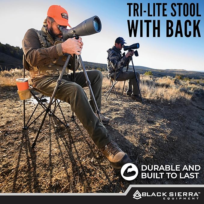 Black Sierra XL Tripod Hunting Stool w/Backrest, Lightweight Portable Fishing Chair w/Cupholder and Carry Strap, Supports 225 Lbs, Portable Outdoor Chair for Hunting, Camping, Travel, Hiking