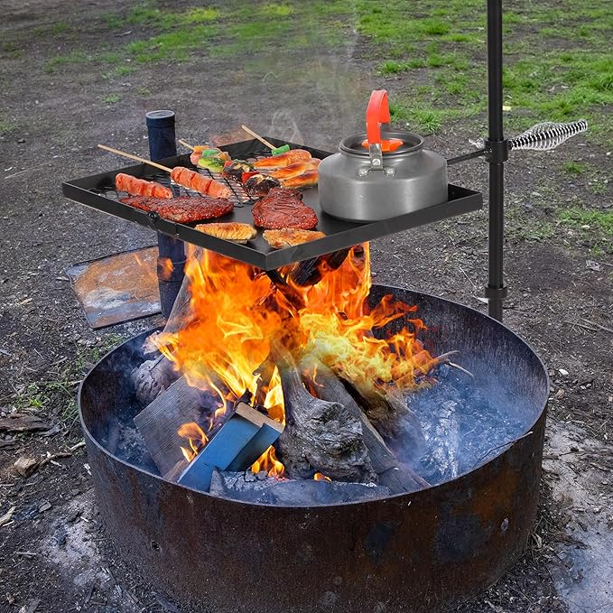 Lineslife Swivel Campfire Grill Grate and Griddle, Adjustable Fire Pit Grill Grate Over Fire Pit, Camp Fire Cooking Grate with Carrying Bag for Outdoor Camping BBQ, Rectangle Black