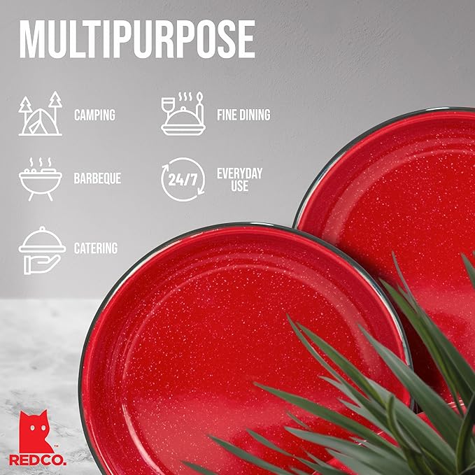 Red Co. Set of 4 Enamelware Metal 10” Round Camping Plates, White-Speckled Red/Black Rim