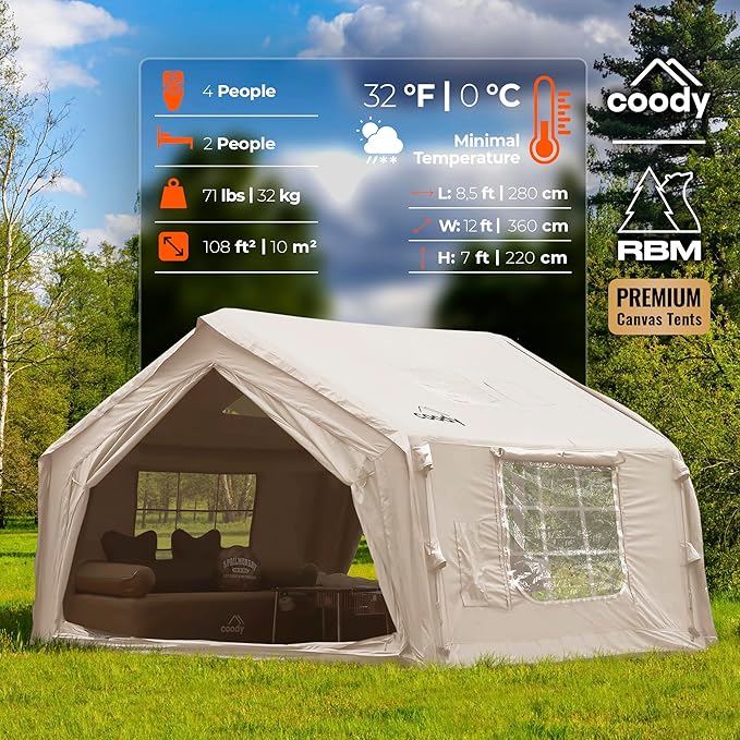 Coody | Rbm Outdoors Koala/Hub/Octopus Inflatable Tents for Camping with Stove Jack, 2/8/10 Person Luxury Canvas Blow Up Tent, 2 Room, Easy Setup Casa de Campaña, Large Inflatable House with Pump