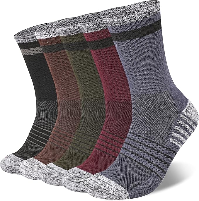 COOVAN Mens Hiking Crew Socks 5 Pairs Moisture Wicking Cushioned Athletic Boot Outdoor Socks