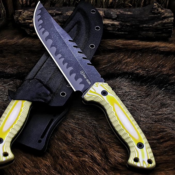 BA-KOR 12.4in Full Tang Fixed Blade Hunting Knife โ 6mm 9CR18MoV Steel, G10 Handle, Stonewashed Sawback Blade with Kydex Sheath & Fire Starter for Outdoor, Camping, Survival (White and yellow stripes)