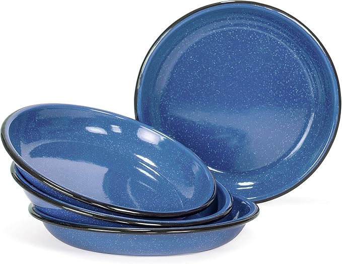 Red Co. Set of 4 Enamelware Metal 10” Round Camping Plates, White-Speckled Blue/Black Rim