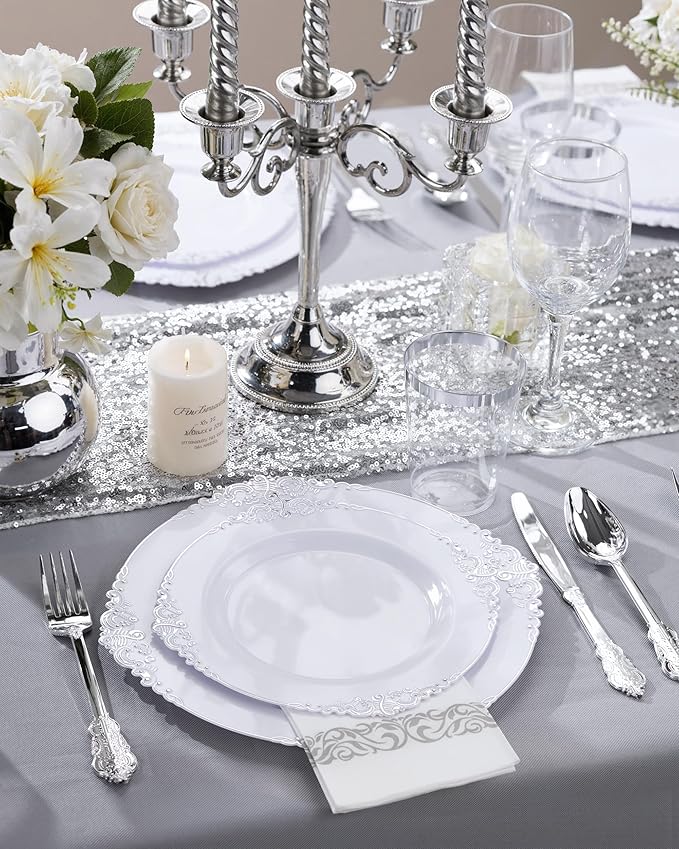 Nervure 350PCS Silver Plastic Dinnerware - White and Silver Disposable Plates for 50 Guests - 100 Disposable Plates, 150 Plastic Silverware, 50 Cups, 50 Napkins for Wedding & Party