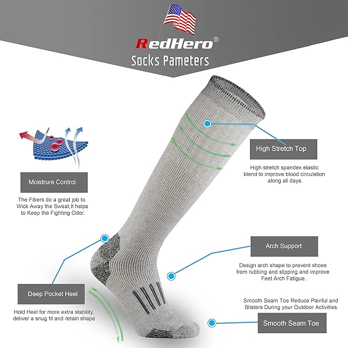 Merino Wool Over the Calf Socks for Men Hiking Hunting Ski Snowboarding Knee High Boot Warm Thick Cold Weather Winter