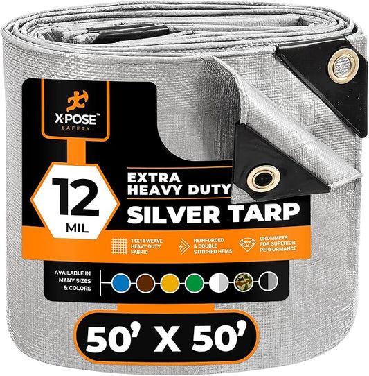 Heavy Duty Silver Poly Tarp 50' X 50' - Multipurpose Protective Cover - Durable, Waterproof, Weather Proof, Rip and Tear Resistant - Extra Thick 12 Mil Polyethylene - by Xpose Safety