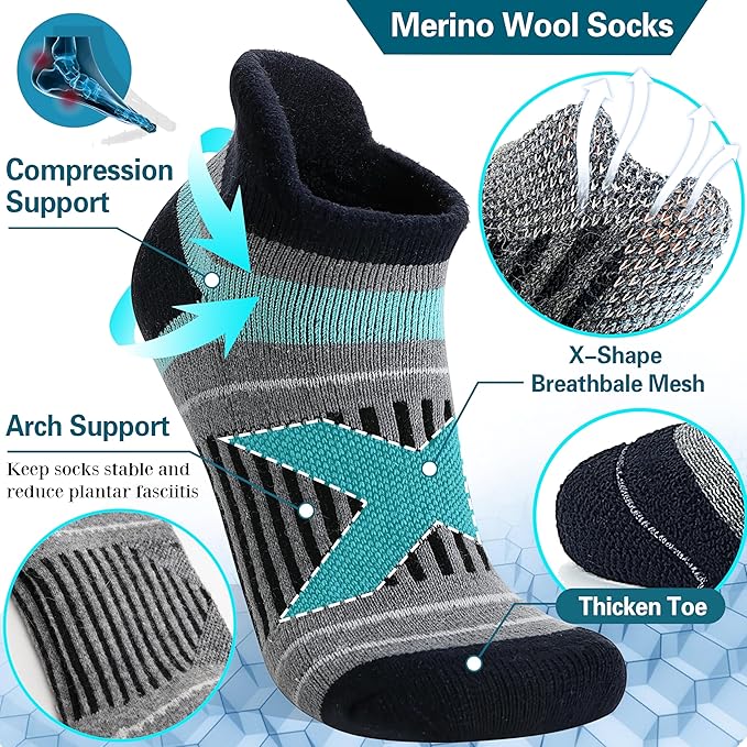 EBMORE 6 Pairs Merino Wool Ankle Hiking Running Socks Compression Support Thick Cushion No Show Socks for Men Women