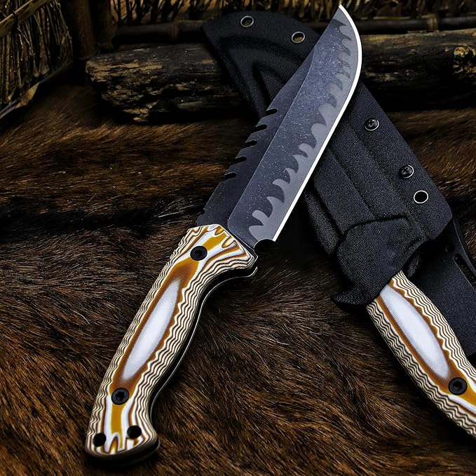 BA-KOR 12.4in Full Tang Fixed Blade Hunting Knife โ 6mm 9CR18MoV Steel, G10 Handle, Stonewashed Sawback Blade with Kydex Sheath & Fire Starter for Outdoor, Camping, Survival (White and brown stripes)