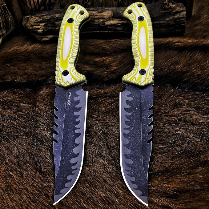 BA-KOR 12.4in Full Tang Fixed Blade Hunting Knife โ 6mm 9CR18MoV Steel, G10 Handle, Stonewashed Sawback Blade with Kydex Sheath & Fire Starter for Outdoor, Camping, Survival (White and yellow stripes)