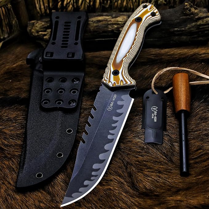 BA-KOR 12.4in Full Tang Fixed Blade Hunting Knife โ 6mm 9CR18MoV Steel, G10 Handle, Stonewashed Sawback Blade with Kydex Sheath & Fire Starter for Outdoor, Camping, Survival (White and brown stripes)