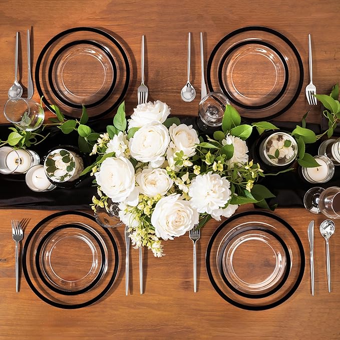U-QE 200 Pcs Clear and Black Plastic Plates - Black Plates Disposable for Party - Include 100 Dinner 10'' & 100 Dessert 7'', Perfect for Halloween Party & Wedding (Heavyweight)