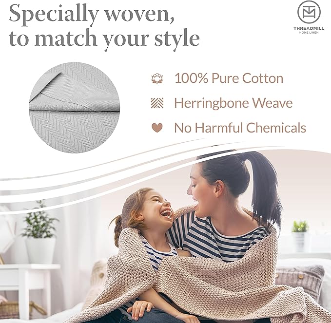Threadmill Luxury Cotton Blankets for Twin Size Bed | All-Season 100% Cotton Twin Blanket for Bed | Herringbone Soft & Cozy Fall Thermal Blanket, 350GSM, 68x90 inches | Light Grey