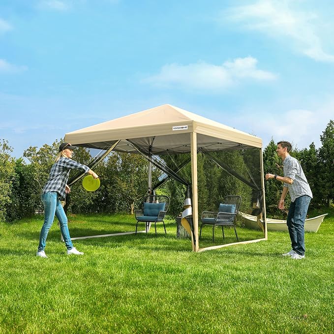 VIVOHOME 10x10ft Easy Pop-Up Canopy, Outdoor Screen Tent with Mosquito Netting, 2 Zipper Doors, and Roller Bag for Yard Camping Picnic Party Events, Beige