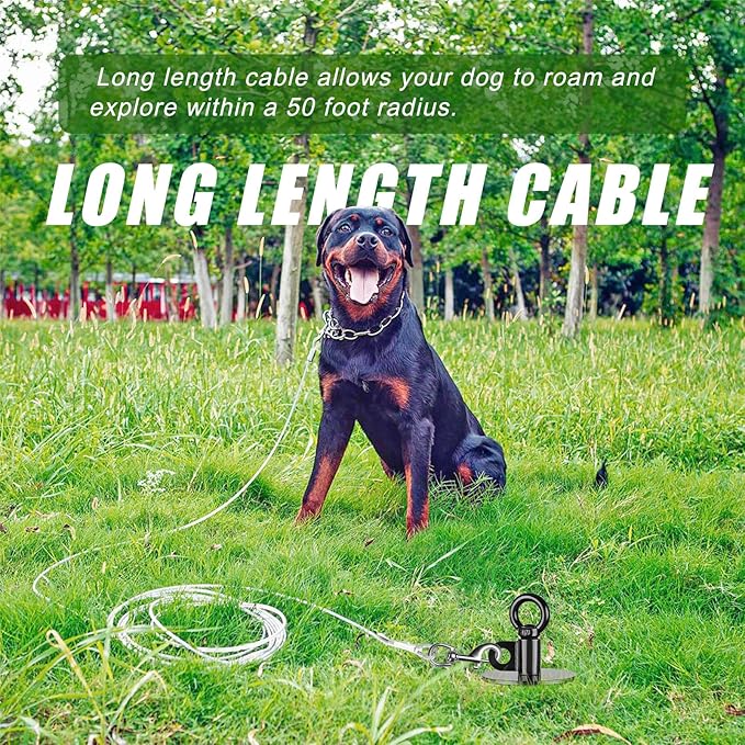 Dog Tie Out Cable and Stake, 50ft Chew Proof Stainless Steel Cable, 15" Heavy Duty Dog Anchor for Dogs Up to 125lbs, No Tangle, Dog Runner for Yard and Camping