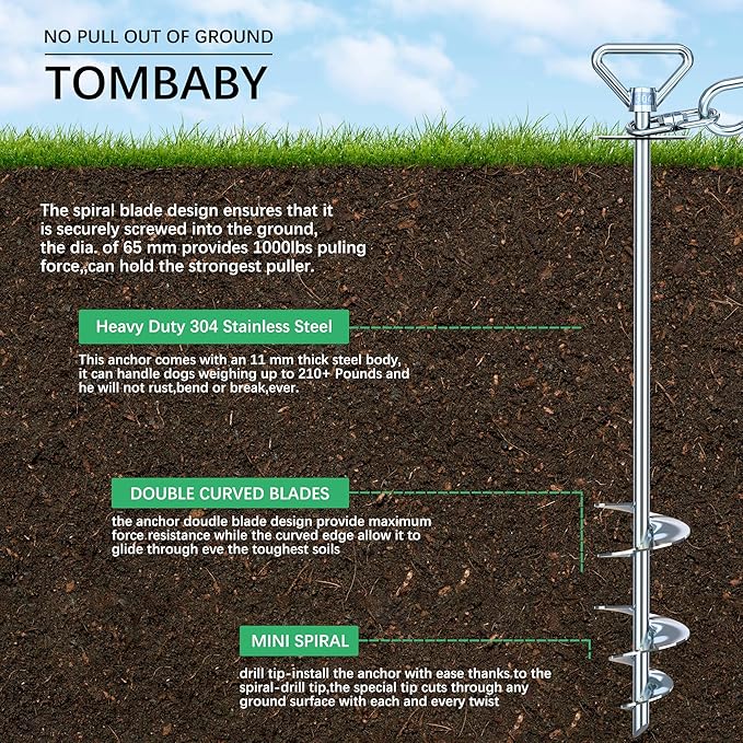 TOMBABY Dog Tie Out Stake-Heavy Duty 304 Stainless Steel Dog Runner, Ground Anchor with 360° Swivel & Anti-Tangle,Use Any for to 210LBS Dogs- Dog Stakes for Outside Camping, Suitable for Any Dog Cable