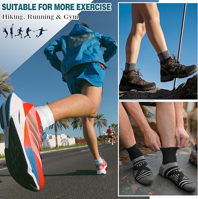 EBMORE 6 Pairs Merino Wool Ankle Hiking Running Socks Compression Support Thick Cushion No Show Socks for Men Women
