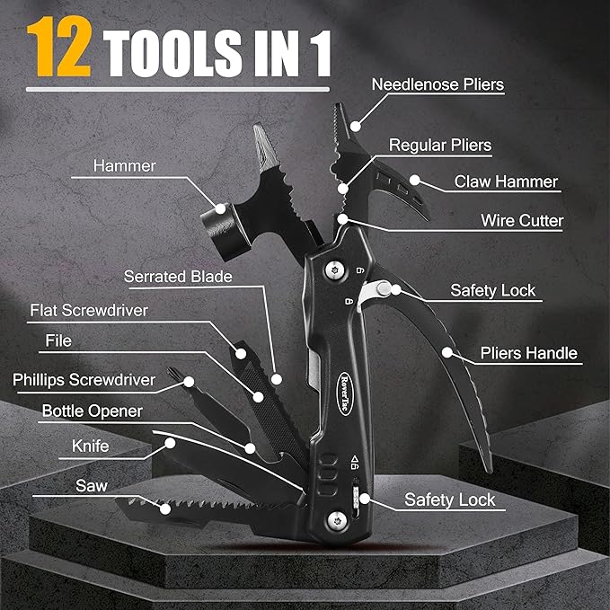 RoverTac Multitools Set - 12-in-1 Multi Tool Hammer, LED Flashlight, Utility Knife in Premium Gift Box, Camping Essentials Survival Camping Gear, Multitool Gift for Men Dad Him