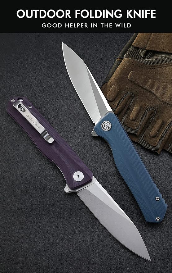 Petrified fish G10 handle D2 steel blade 2CR13 liner ball bearing flipper folding knife camping hunting EDC pocket tool PF818 (Purple, Stonewash)