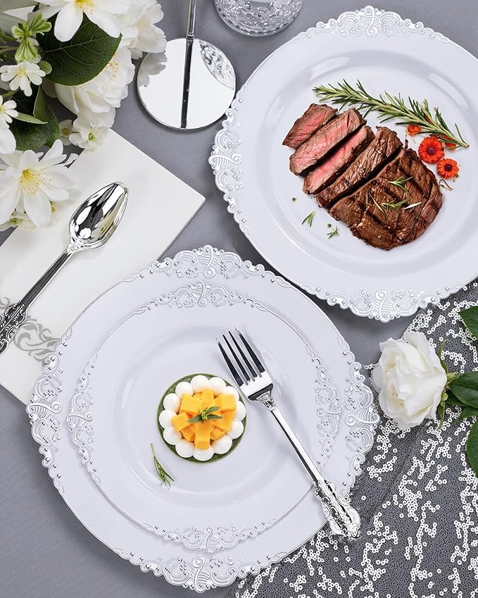 Nervure 100Pcs White and Silver Plastic Plates - 7.5 inch White Plastic Plates with Silver Rim - Disposable Dessert Plate for Wedding & Party
