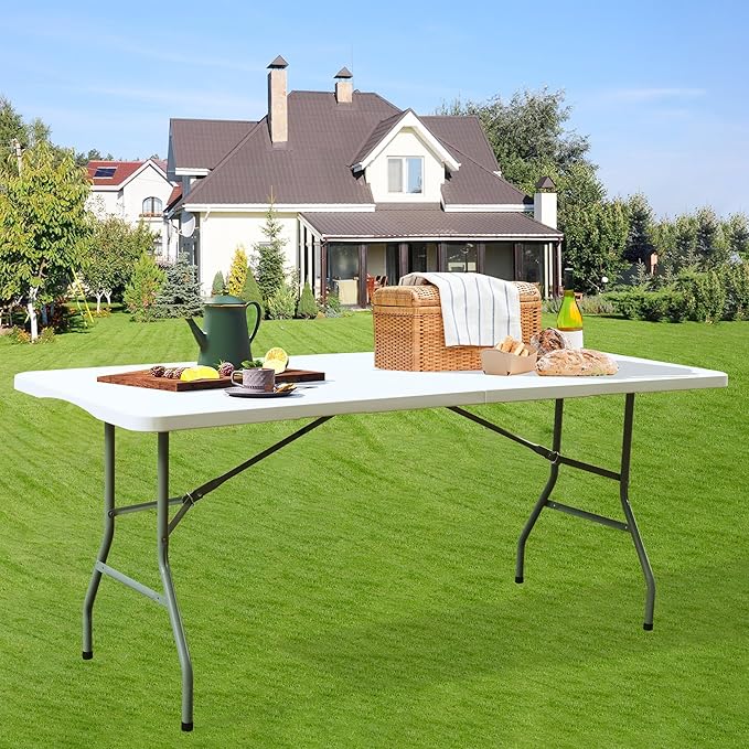 Foldable Table, Plastic 6FT Folding Table, Indoor Outdoor Portable Utility Table with Handle for Party, Camping and Picnic, White