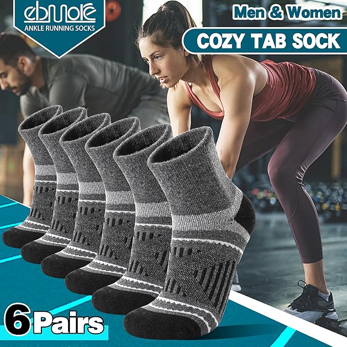 EBMORE 6 Pairs Merino Wool Ankle Hiking Running Socks Compression Support Thick Cushion No Show Socks for Men Women