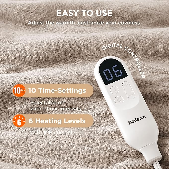 Bedsure Electric Blanket Twin - Soft Flannel Heated Blanket, Fast Heating with 10 Time Settings & 6 Heat Settings, Warm Gift for Grandma (62x84 inches, Taupe)