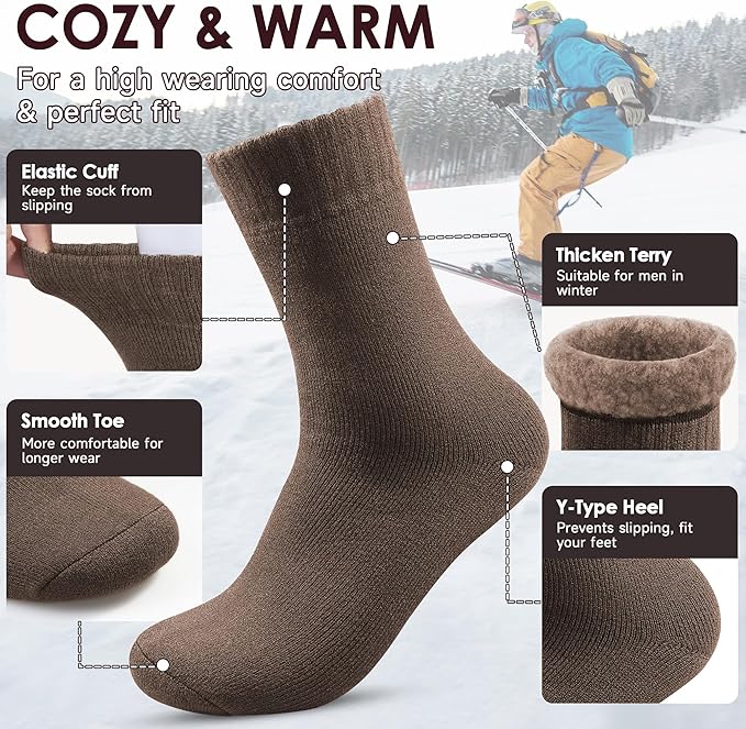 Reamphy 3 Pairs Thermal Socks for Men 6-13, Thick Warm Winter Outdoors Hiking Socks Mens