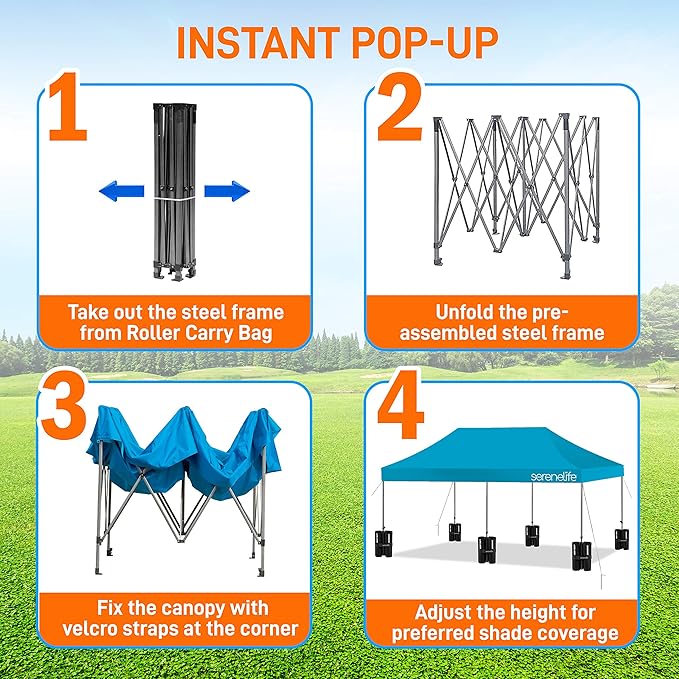 SereneLife Pop Up Canopy Tent 10x20-Commercial Instant Shelter Foldable/Collapsible Sun Shade Canopy Pop Up Tent w/Waterproof UV Resistant Tent Top,Portable Carry Bag&Sand Bag- SLGZ20SB(Sky Blue)