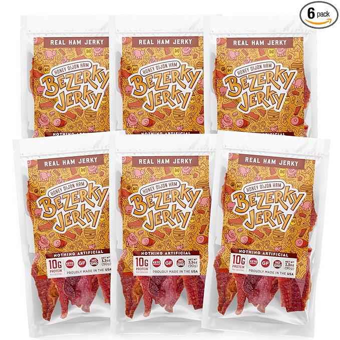 Premium Ham Jerky | Honey Dijon | Camping Food | Backpacking Snacks | Low Fat High Protein Ham Meat | Gluten-Free | Non-GMO | No Nitrates | Healthy American Bezerky Jerky | 6 Pack