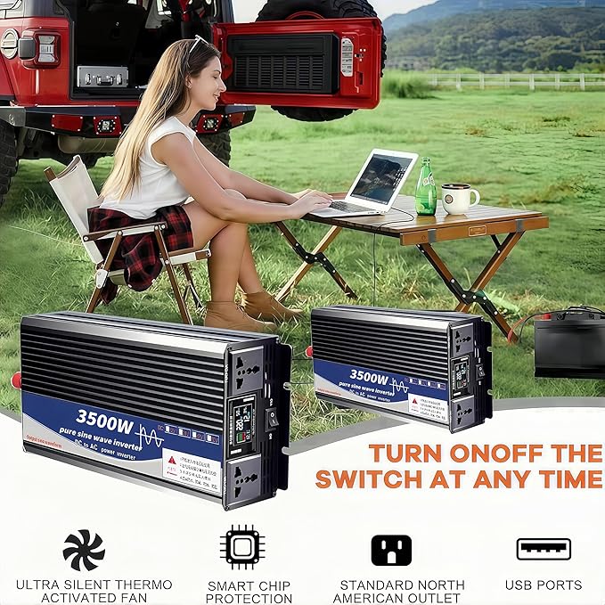 3500W Power Inverter 48V DC to 110V AC Converter with LED Display Dual AC Outlets Dual Fans Radiating for RV, Camp, Boat and Home Emergency Portable Pure Sine Wave Inverter (Smart Screen, 3500W 48V)