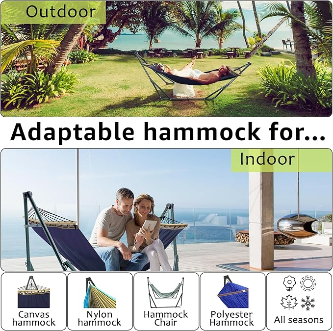 Tranquillo Ultimate Relaxation Portable Hammock Stand with Cotton Canvas Net, Spreader Bar, Quick Fold Unfold in 30 Seconds Steel Frame Hammock 600 lbs Capacity Outdoor, Navy