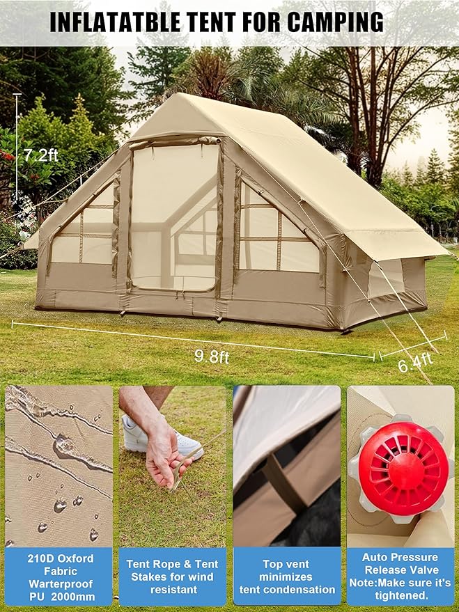 Inflatable Tents for Camping - Easy Blow Up Glamping Tent with Hand Pump, Waterproof PVC Air Inflatable Tent House for Family Weekend Camping
