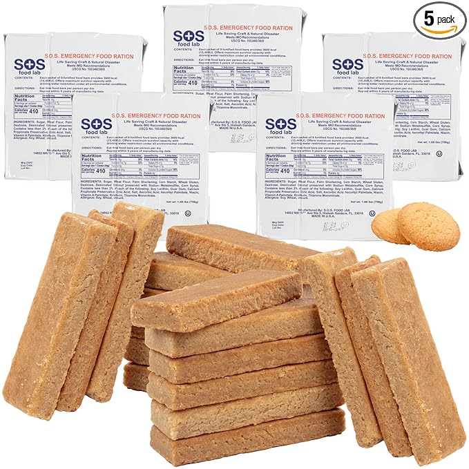 SOS Food Lab Emergency Food Bar - 3600 Calorie Ration (5 Pack Shortbread Cookie) - 3 Day/72 Hour Ready to Eat Supply for Camping, Hiking, Disaster Preparedness - 5 Year Shelf Life Energy Survival Food