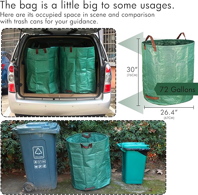 Gardzen 3-Pack 72 Gallon Yard Waste Bags, Reusable Heavy Duty Collapsible Garden Leaf Bags with Plastic Ring, Stand-Up Yard Waste Bin for Leaves, Lawn Debris & Grass Clippings