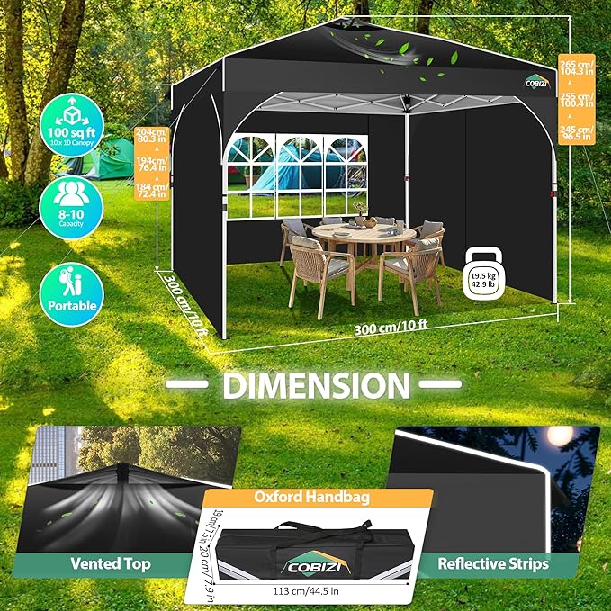 COBIZI Canopy Tent 10x10, Easy Up 10x10 Pop Up Canopy for Party Camping, Party Tents with One Push Central Button Air Vent, Outdoor Gazebo Tent with Sidewalls and Reflective Strip(Black)
