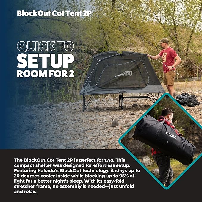 Kakadu Camping Tent Cot, 2 Person, Quick Setup, Folding, Compact, Elevated Tent with BlockOut Rain Fly, Awning Poles, Ultra-Fine Mesh Windows, and Carry Bag